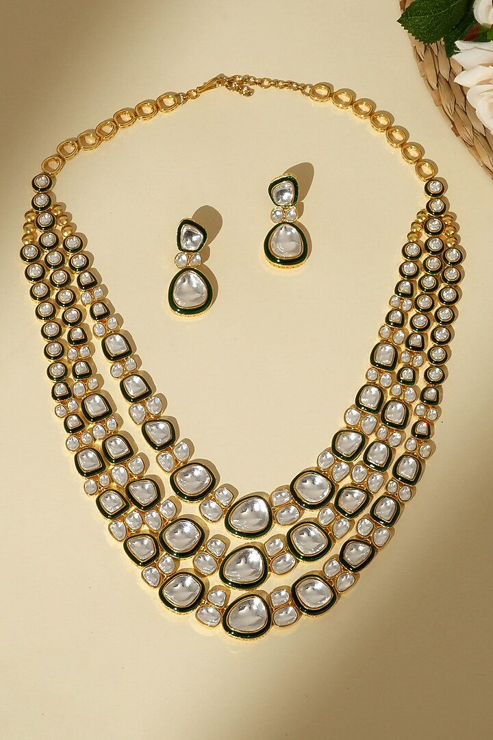 Gold Finish Moissanite Polki & Emerald Drop Meenakari Layered Necklace Set by Beryachi at Pernia's Pop Up Shop