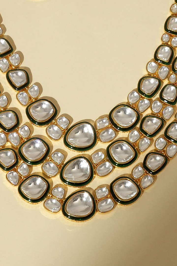 Gold Finish Moissanite Polki & Emerald Drop Meenakari Layered Necklace Set by Beryachi at Pernia's Pop Up Shop