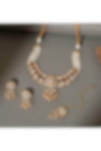 Gold Finish Moissanite Polki & Ruby Stone Layered Necklace Set by Beryachi at Pernia's Pop Up Shop