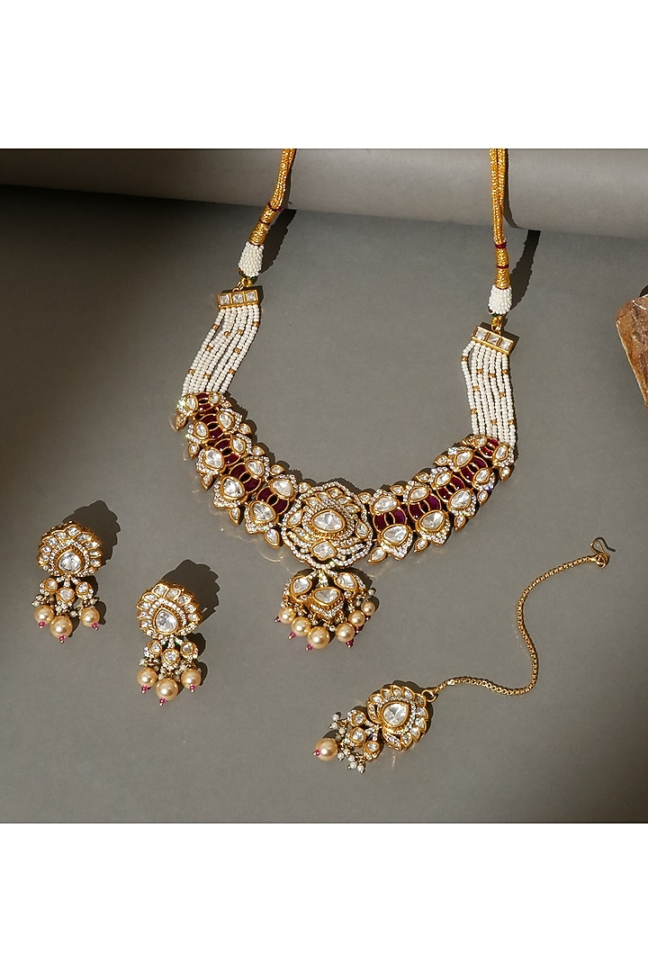 Gold Finish Moissanite Polki & Ruby Stone Layered Necklace Set by Beryachi at Pernia's Pop Up Shop
