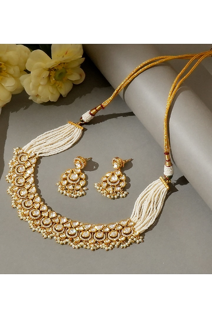 Gold Finish Kundan Polki Necklace Set by Beryachi at Pernia's Pop Up Shop