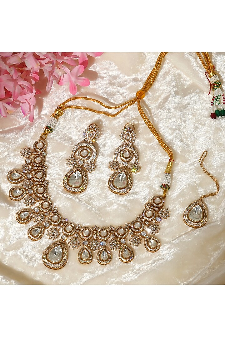 Gold Finish Kundan Polki Necklace Set by Beryachi at Pernia's Pop Up Shop