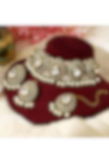 Gold Finish Kundan Polki & Pearl Drop Meenakari Choker Necklace Set by Beryachi at Pernia's Pop Up Shop