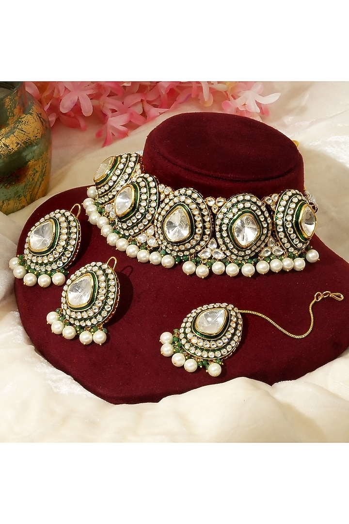 Gold Finish Kundan Polki & Pearl Drop Meenakari Choker Necklace Set by Beryachi at Pernia's Pop Up Shop