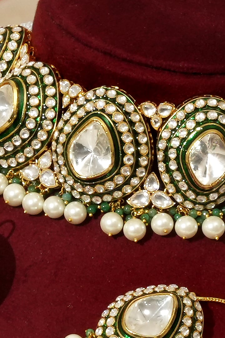 Gold Finish Kundan Polki & Pearl Drop Meenakari Choker Necklace Set by Beryachi at Pernia's Pop Up Shop