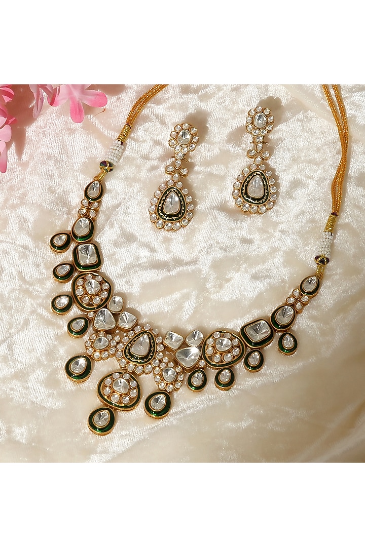 Gold Finish Kundan Polki Handcrafted Necklace Set by Beryachi at Pernia's Pop Up Shop