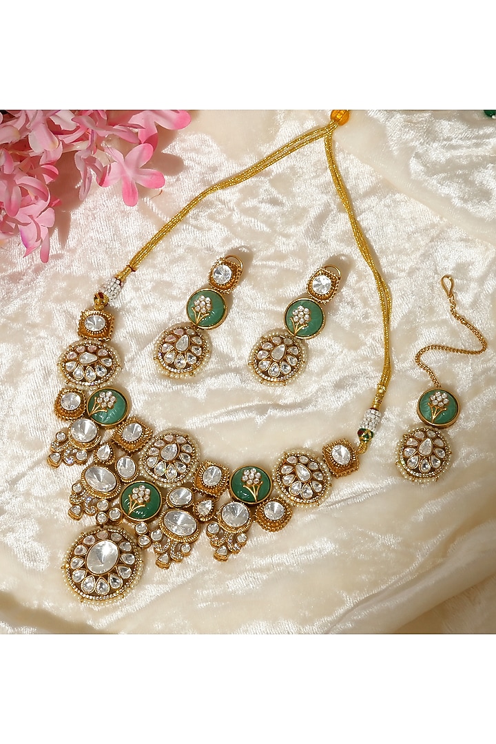 Gold Finish Mint Kundan Polki Handcrafted Choker Necklace Set by Beryachi at Pernia's Pop Up Shop