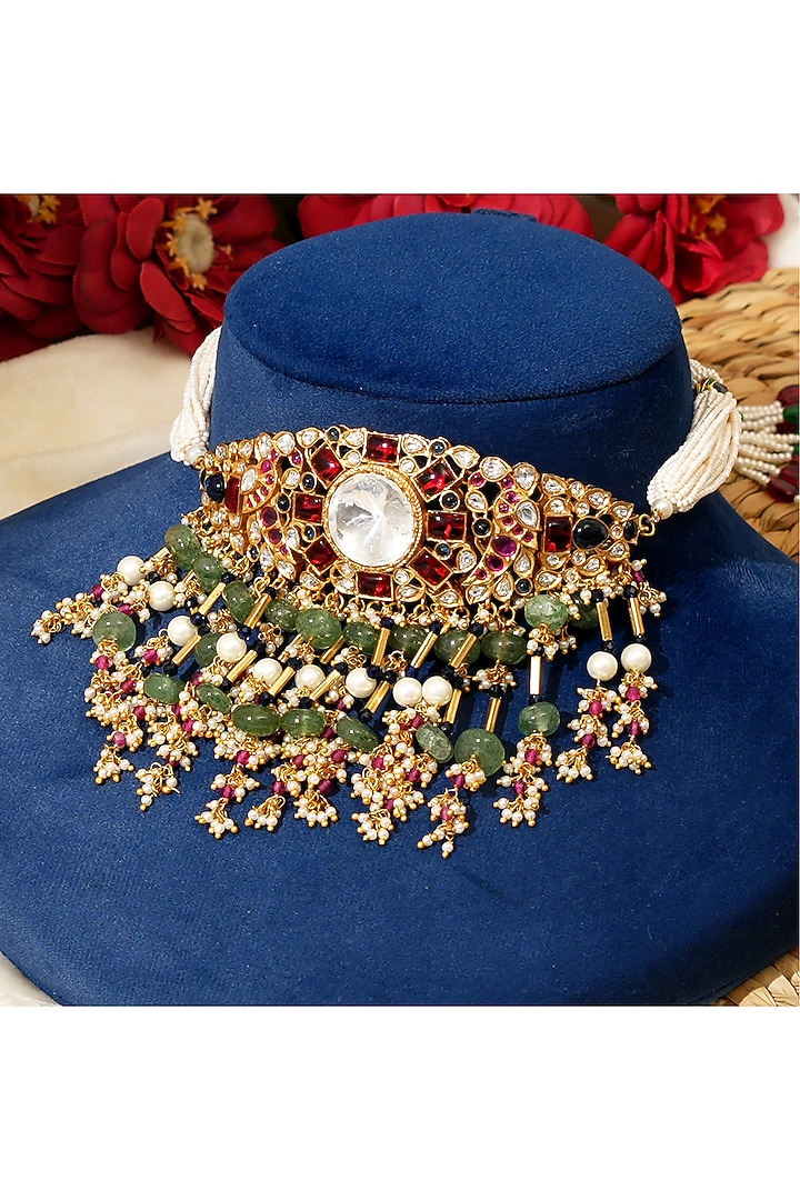 Gold Plated Kundan Polki & Multi-Colored Stone Choker Necklace Set by Beryachi at Pernia's Pop Up Shop