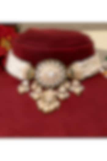 Gold Finish Kundan Polki & Pearl Choker Necklace Set by Beryachi at Pernia's Pop Up Shop