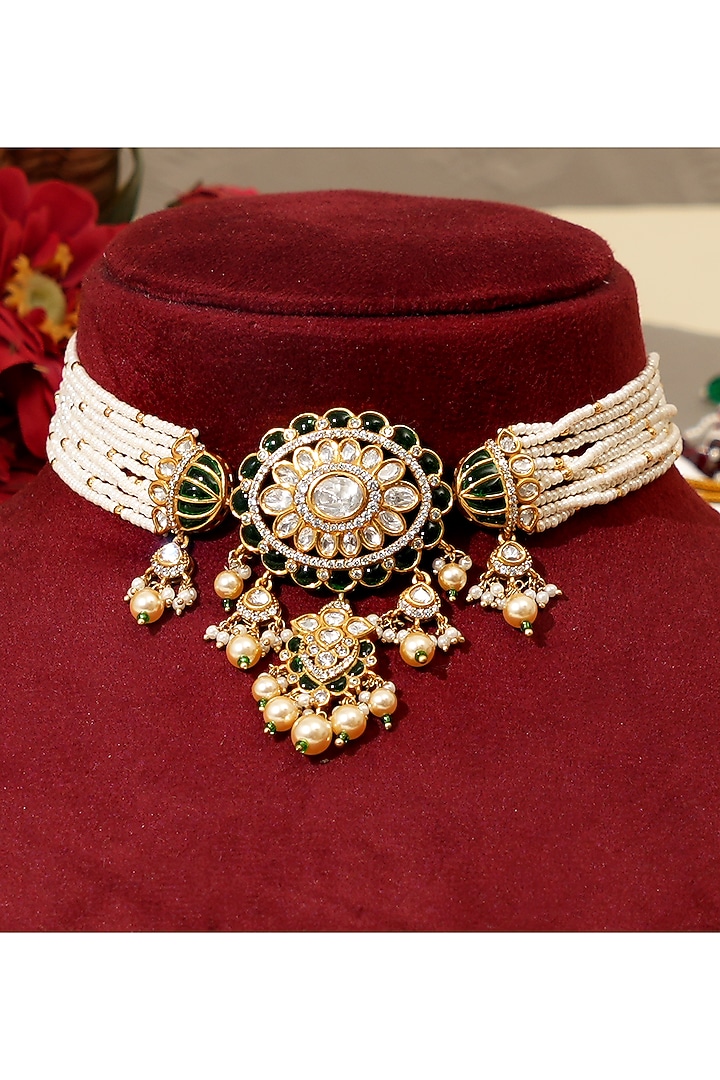 Gold Finish Kundan Polki & Pearl Choker Necklace Set by Beryachi at Pernia's Pop Up Shop