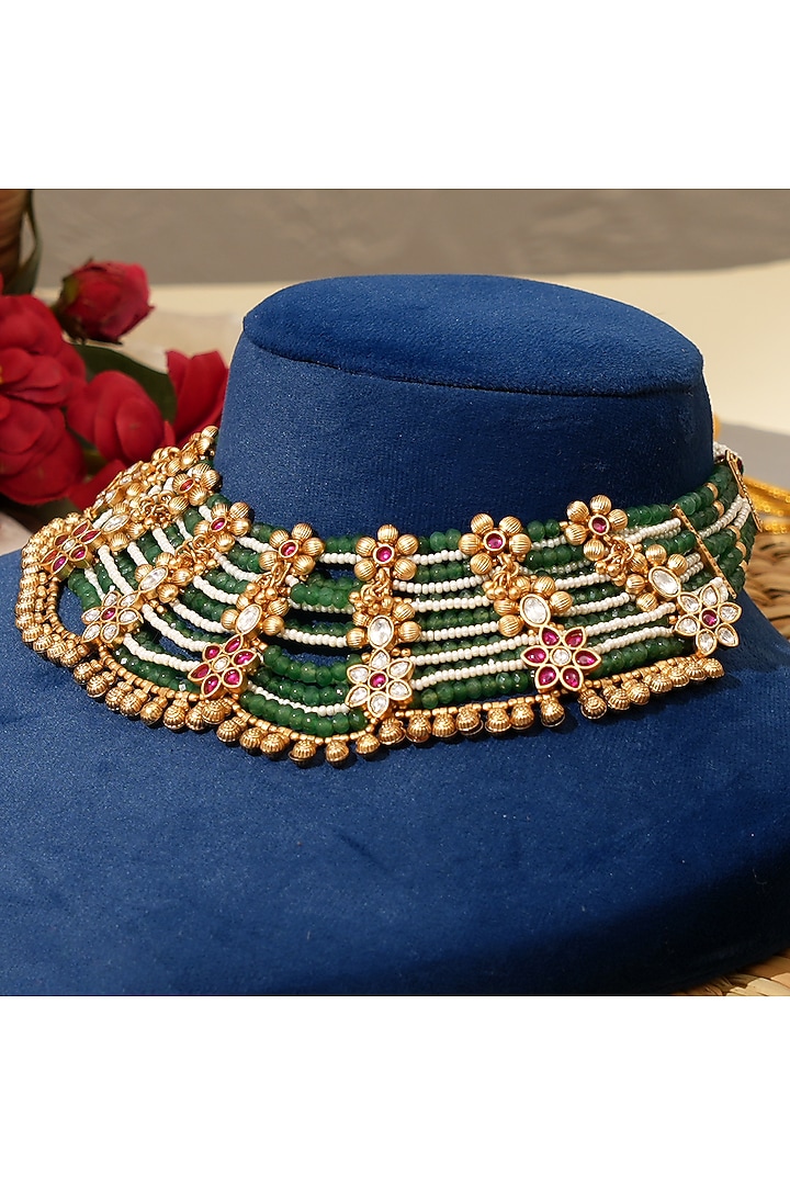 Matte Gold Finish Kundan Polki & Pearl Layered Necklace Set by Beryachi at Pernia's Pop Up Shop