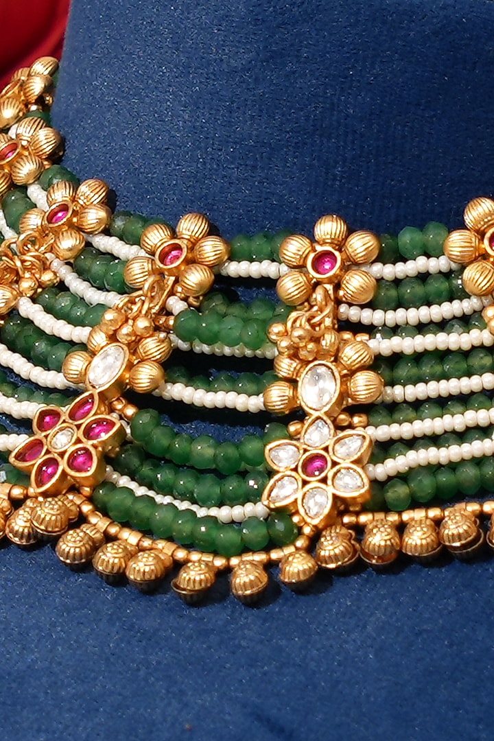 Matte Gold Finish Kundan Polki & Pearl Layered Necklace Set by Beryachi at Pernia's Pop Up Shop