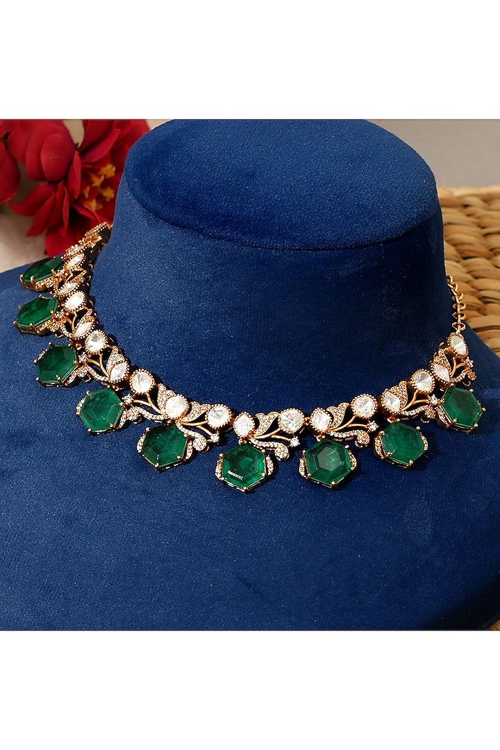 Gold Plated Moissanite Polki & Emerald Stone Necklace Set by Beryachi at Pernia's Pop Up Shop