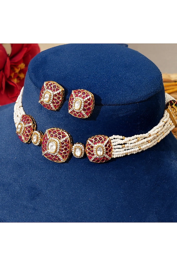 Gold Plated Moissanite Polki & Ruby Stone Choker Necklace Set by Beryachi at Pernia's Pop Up Shop