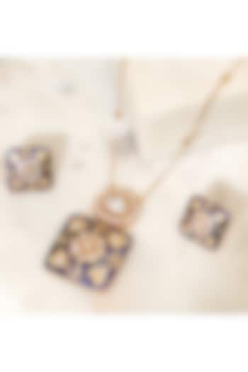 Gold Finish Kundan Polki Blue Meenakari Pendant Necklace Set by Beryachi at Pernia's Pop Up Shop
