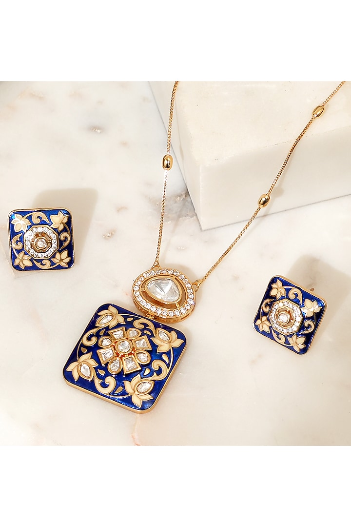 Gold Finish Kundan Polki Blue Meenakari Pendant Necklace Set by Beryachi at Pernia's Pop Up Shop