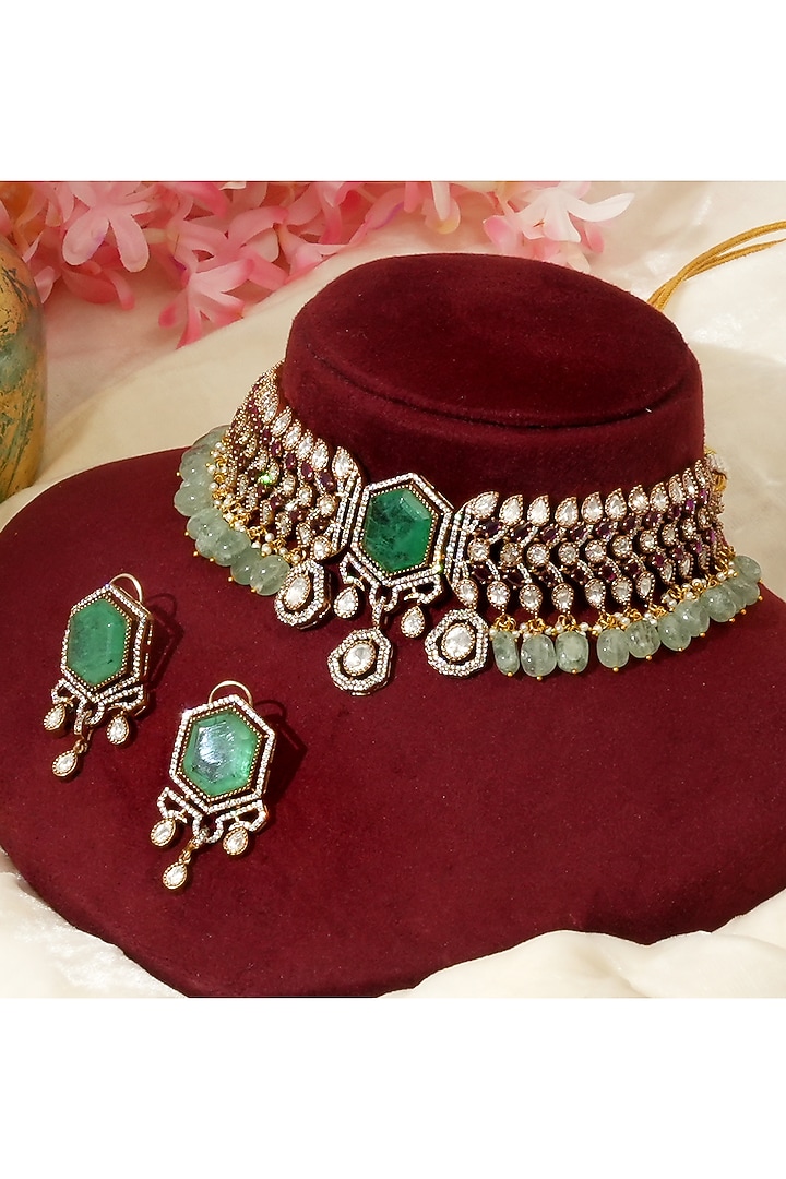 Gold Plated Kundan Polki & Mint Pearl Choker Necklace Set by Beryachi at Pernia's Pop Up Shop