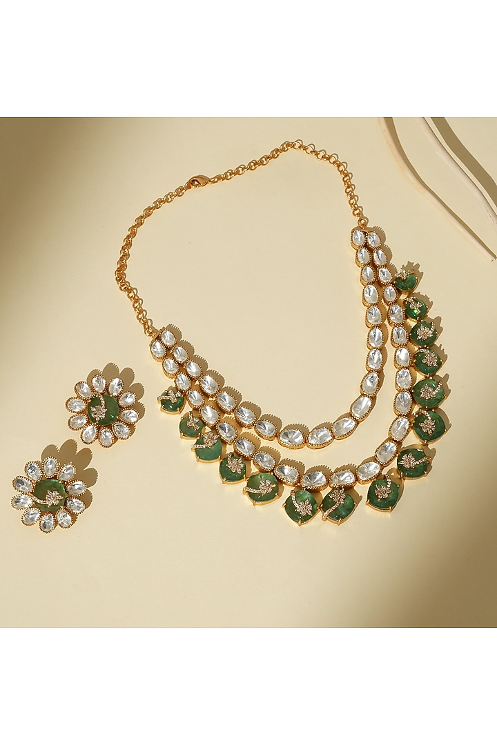 Gold Plated Moissanite Polki Layered Necklace Set by Beryachi at Pernia's Pop Up Shop