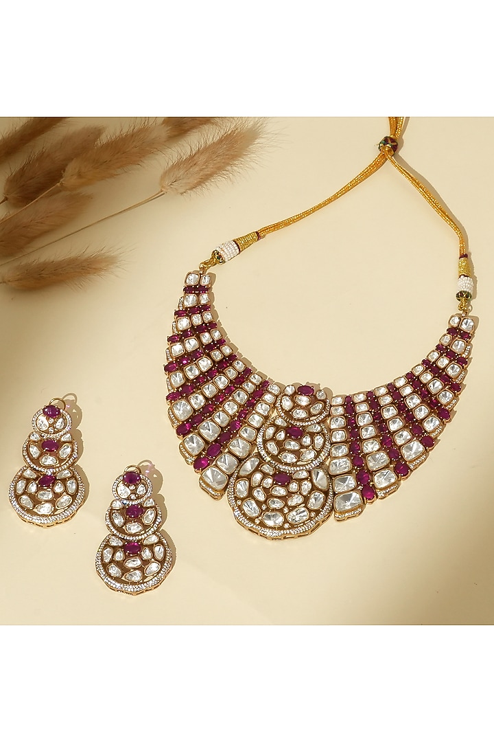 Gold Plated Moissanite Polki & Ruby Stone Necklace Set by Beryachi at Pernia's Pop Up Shop