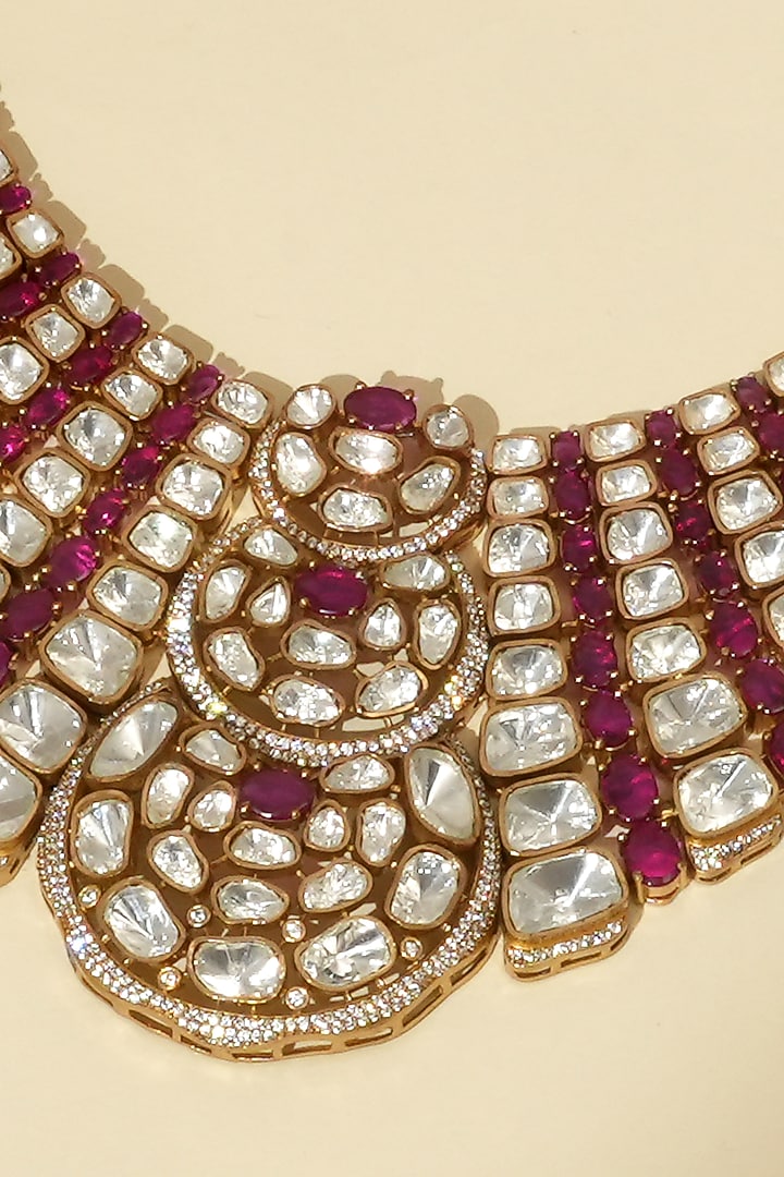 Gold Plated Moissanite Polki & Ruby Stone Necklace Set by Beryachi at Pernia's Pop Up Shop