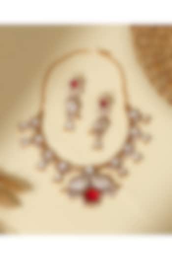 Gold Plated Moissanite Polki & Ruby Stone Necklace Set by Beryachi at Pernia's Pop Up Shop