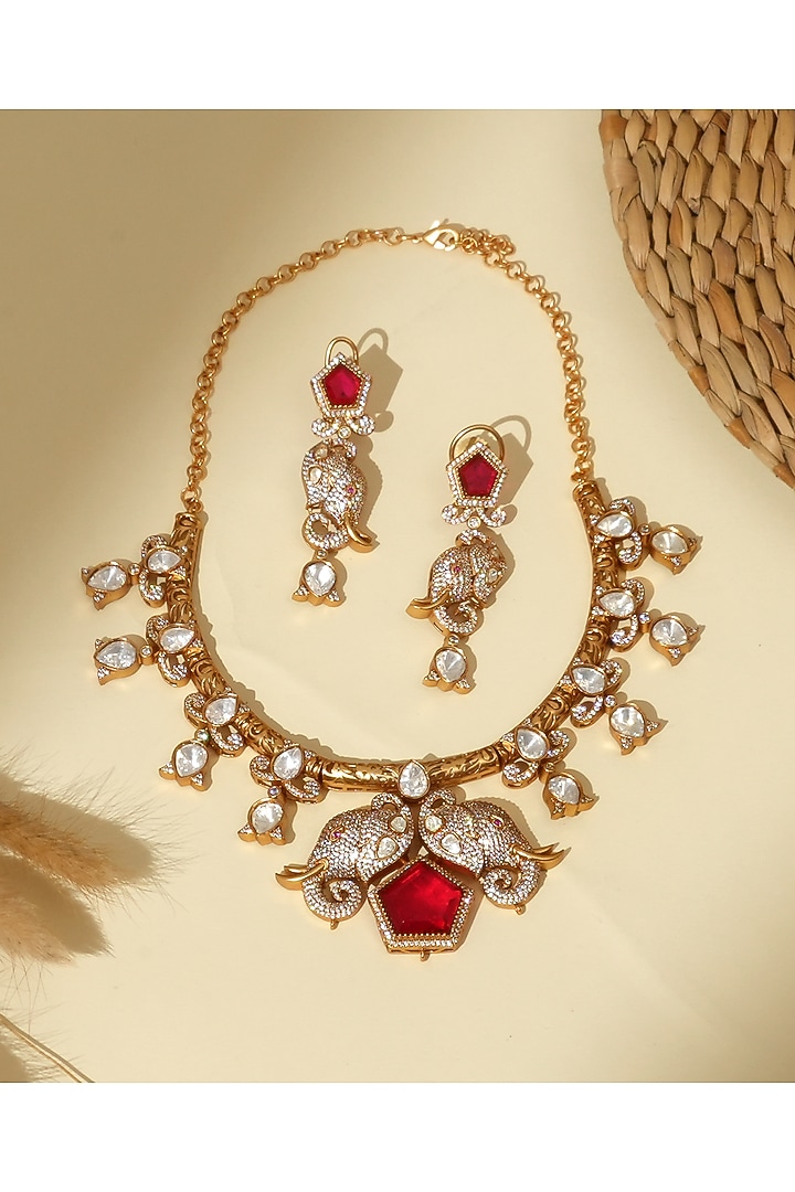 Gold Plated Moissanite Polki & Ruby Stone Necklace Set by Beryachi at Pernia's Pop Up Shop