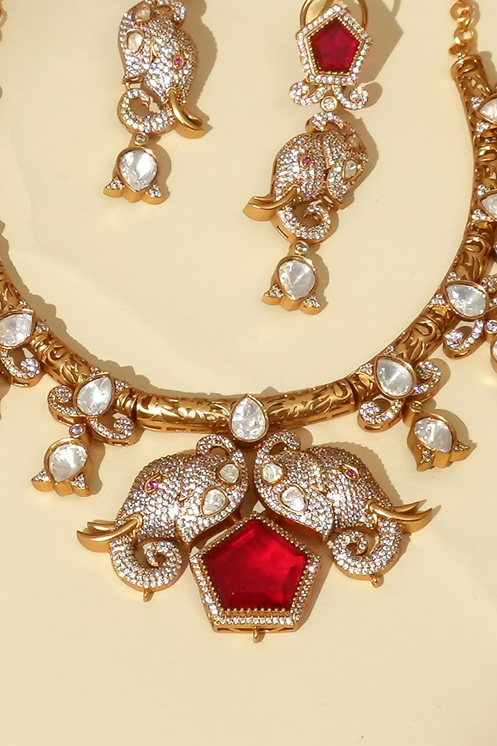 Gold Plated Moissanite Polki & Ruby Stone Necklace Set by Beryachi at Pernia's Pop Up Shop