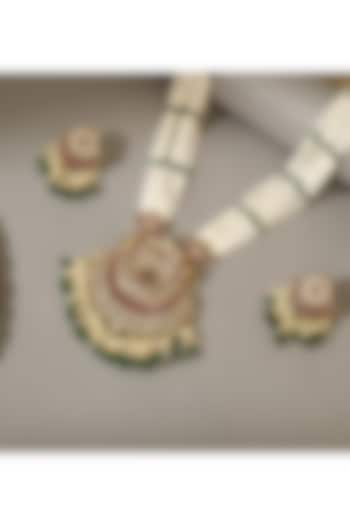 Gold Finish Kundan Polki & Emerald Stone Long Necklace Set by Beryachi at Pernia's Pop Up Shop