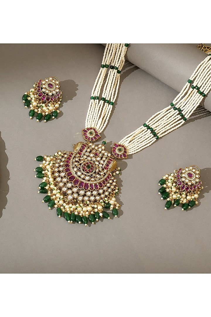 Gold Finish Kundan Polki & Emerald Stone Long Necklace Set by Beryachi at Pernia's Pop Up Shop