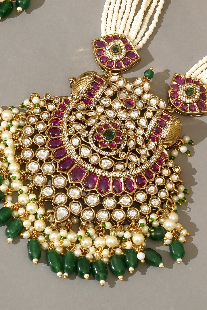 Gold Finish Kundan Polki & Emerald Stone Long Necklace Set by Beryachi at Pernia's Pop Up Shop
