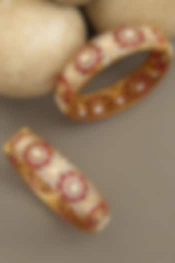 Gold Plated Moissanite Polki & Ruby Stone Bangles (Set Of 2) by Beryachi at Pernia's Pop Up Shop