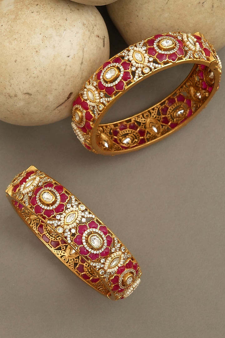 Gold Plated Moissanite Polki & Ruby Stone Bangles (Set Of 2) by Beryachi at Pernia's Pop Up Shop