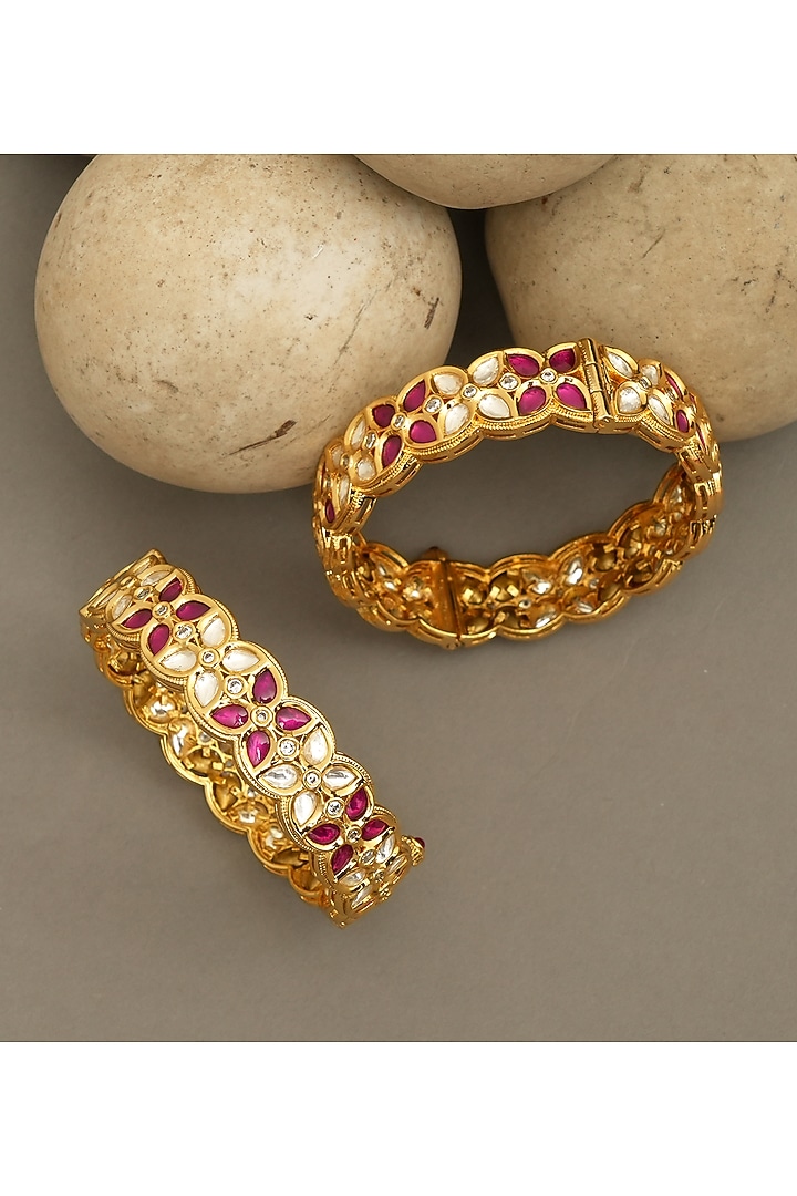 Gold Plated Moissanite Polki & Ruby Stone Bangles (Set Of 2) by Beryachi at Pernia's Pop Up Shop
