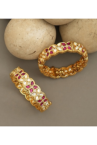 Gold Plated Moissanite Polki & Ruby Stone Bangles (Set Of 2) by Beryachi