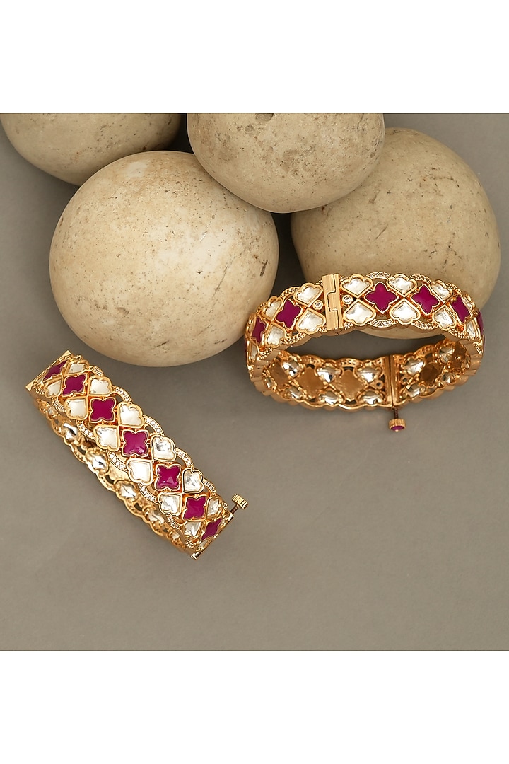 Gold Plated Moissanite Polki & Ruby Stone Bangles (Set Of 2) by Beryachi at Pernia's Pop Up Shop