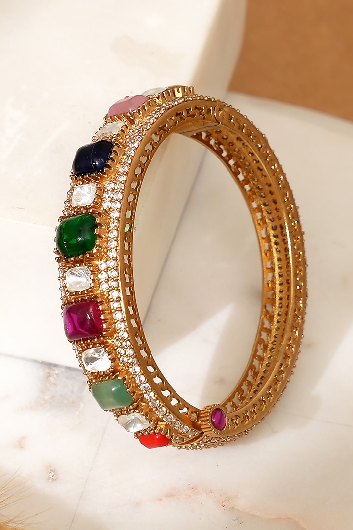Gold Plated Kundan Polki & Navratna Stone Kada by Beryachi at Pernia's Pop Up Shop