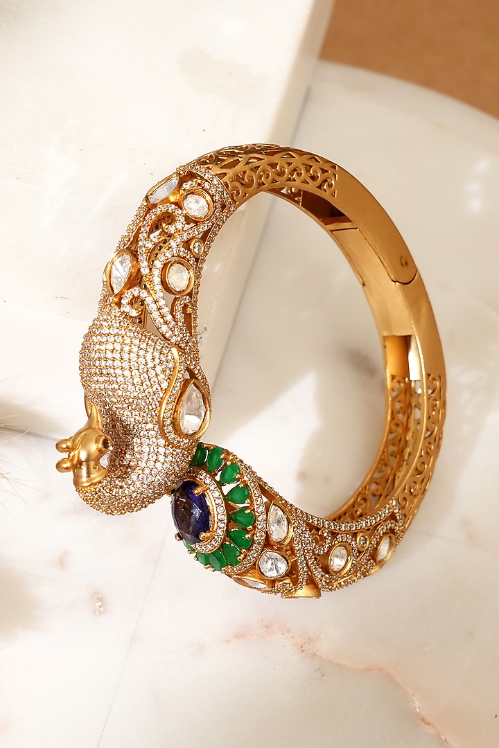 Gold Plated Kundan Polki & Emerald Stone Peacock-Shaped Kada by Beryachi at Pernia's Pop Up Shop