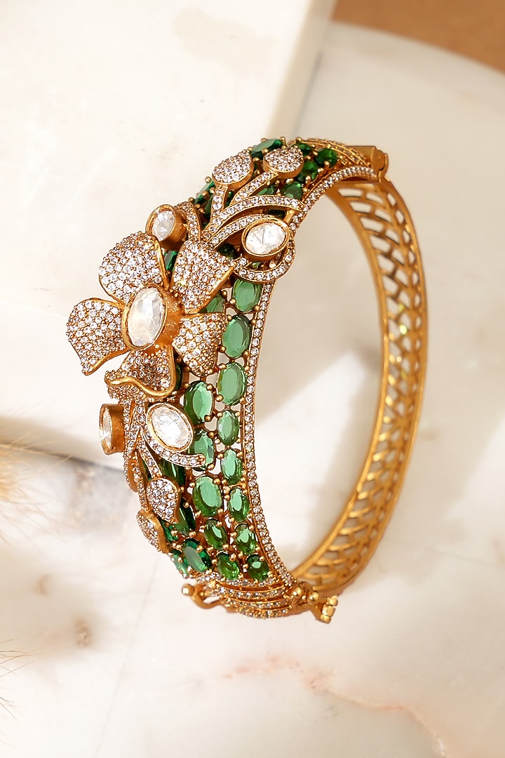 Gold Plated Kundan Polki & Emerald Stone Openable Kada by Beryachi at Pernia's Pop Up Shop