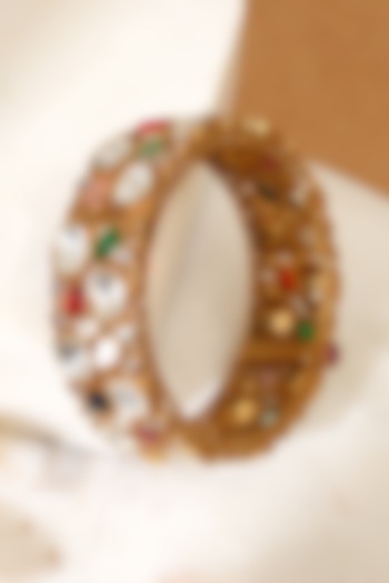 Gold Plated Moissanite Polki & Navratna Stone Openable Kada by Beryachi at Pernia's Pop Up Shop