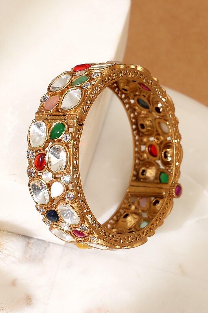 Gold Plated Moissanite Polki & Navratna Stone Openable Kada by Beryachi at Pernia's Pop Up Shop