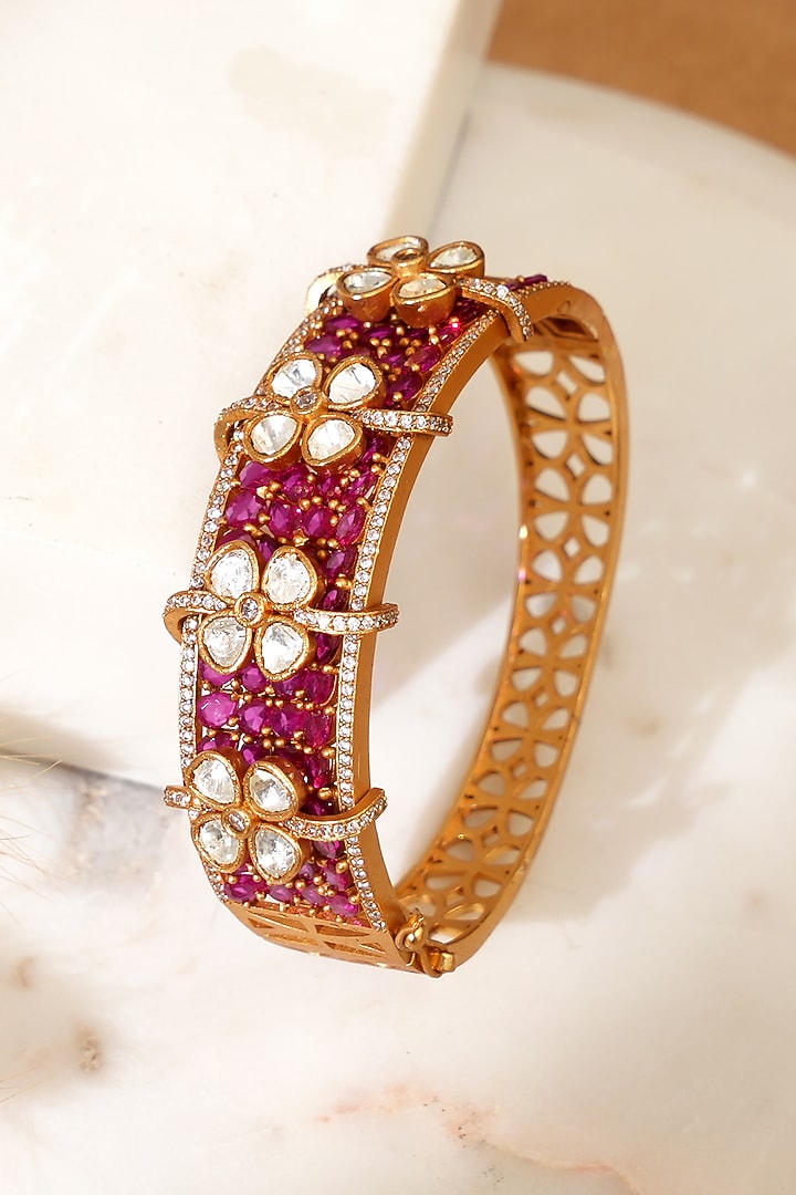 Gold Plated Moissanite Polki & Ruby Stone Kada by Beryachi at Pernia's Pop Up Shop