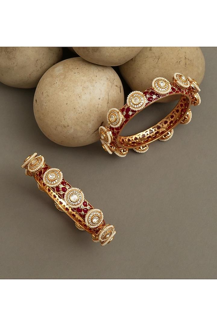 Gold Plated Kundan Polki & Ruby Stone Openable Bangles (Set Of 2) by Beryachi at Pernia's Pop Up Shop