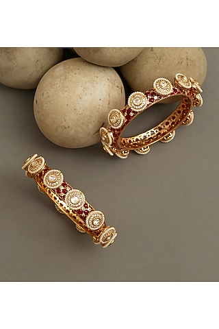 Gold Plated Kundan Polki & Ruby Stone Openable Bangles (Set Of 2) by Beryachi