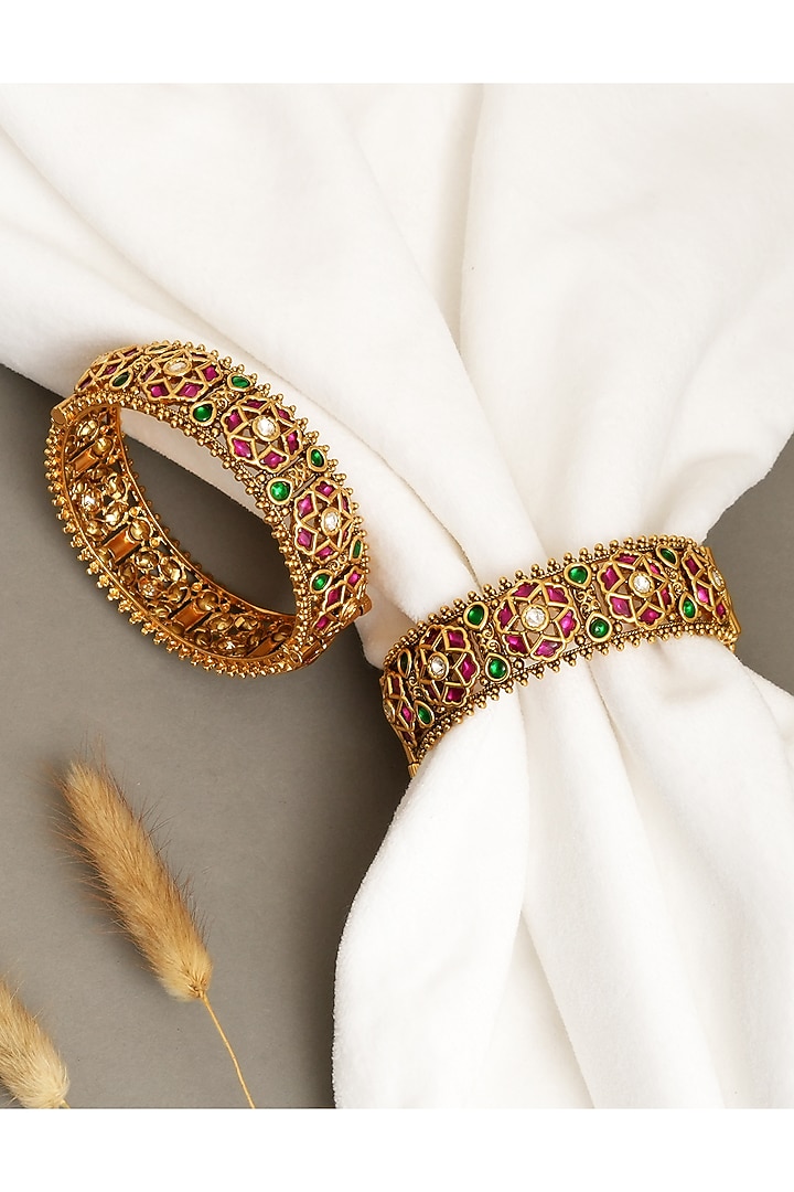 Gold Plated Multi-Colored Kundan Polki Bangles (Set Of 2) by Beryachi at Pernia's Pop Up Shop
