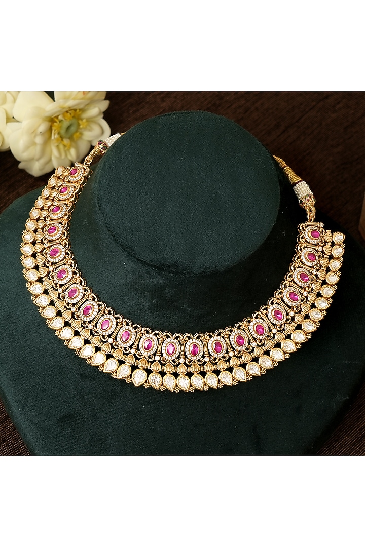 Gold Finish Multi-Colored Kundan Polki Necklace Set by Beryachi at Pernia's Pop Up Shop
