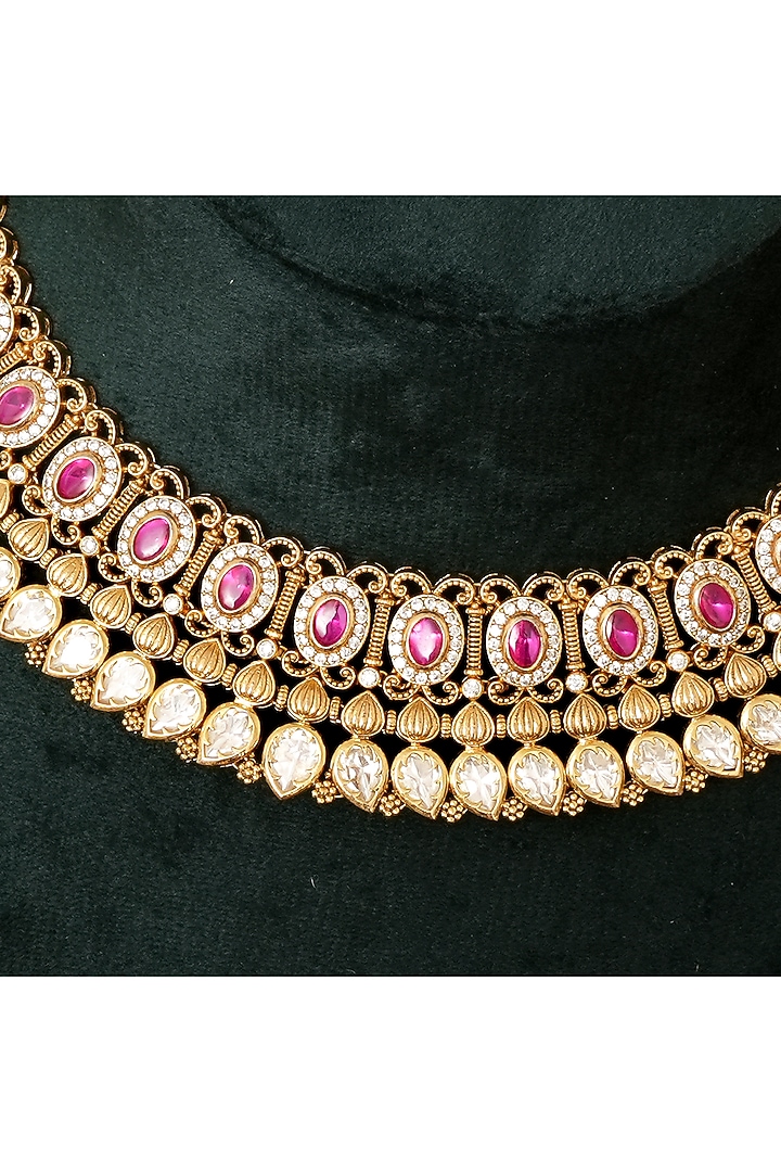 Gold Finish Multi-Colored Kundan Polki Necklace Set by Beryachi at Pernia's Pop Up Shop