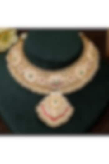 Gold Finish Multi-Colored Stone & Kundan Polki Necklace Set by Beryachi at Pernia's Pop Up Shop