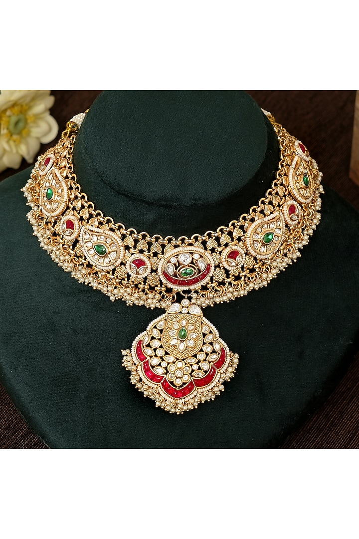 Gold Finish Multi-Colored Stone & Kundan Polki Necklace Set by Beryachi at Pernia's Pop Up Shop