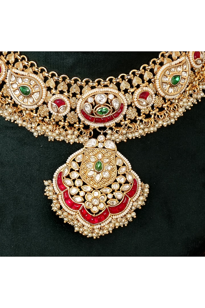 Gold Finish Multi-Colored Stone & Kundan Polki Necklace Set by Beryachi at Pernia's Pop Up Shop