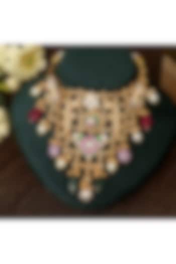 Gold Finish Multi-Colored Stone & Kundan Polki Choker Necklace Set by Beryachi at Pernia's Pop Up Shop